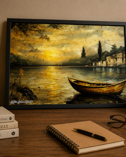 Golden Sunset Lake Boat – Framed Wall Art