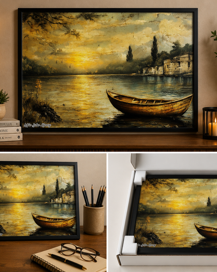 Golden Sunset Lake Boat – Framed Wall Art
