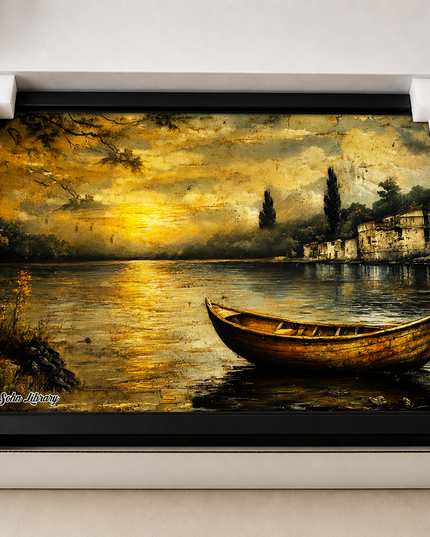 Golden Sunset Lake Boat – Framed Wall Art
