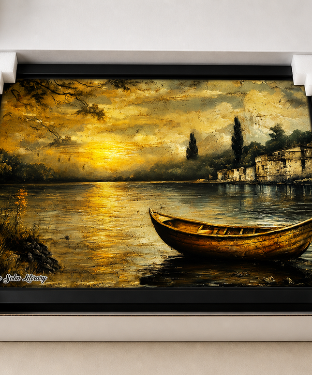 Golden Sunset Lake Boat – Framed Wall Art