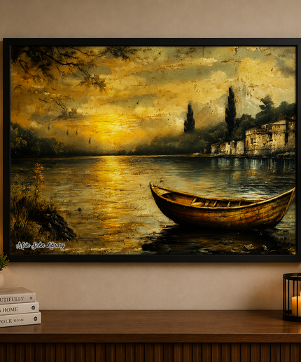 Golden Sunset Lake Boat – Framed Wall Art