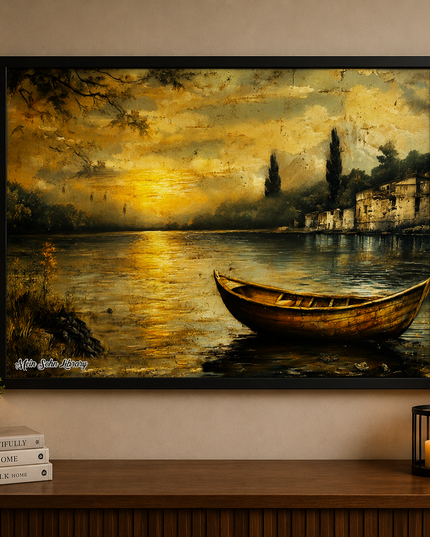Golden Sunset Lake Boat – Framed Wall Art