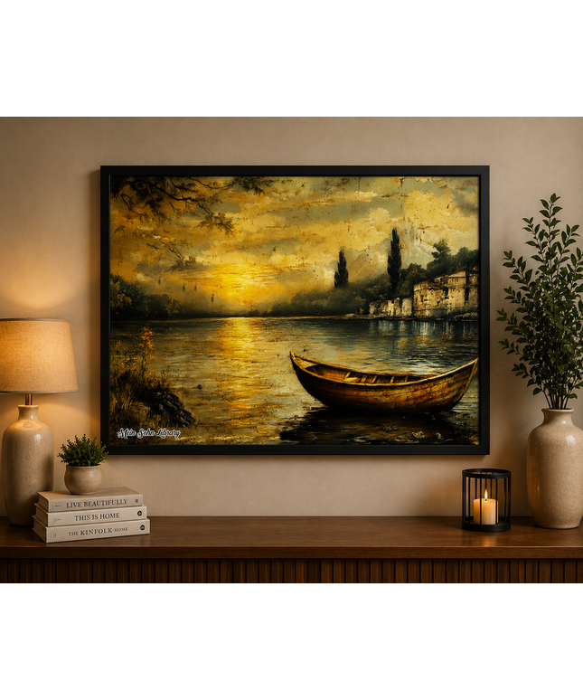 Golden Sunset Lake Boat – Framed Wall Art