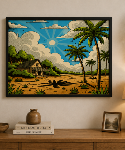 Tropical Cottage Paradise Wall Art – Coastal Palm Tree Poster
