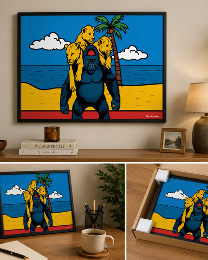 Gorilla & Lion Cubs Tropical Wall Art – Wildlife Beach Poster