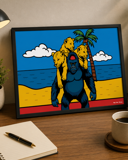 Gorilla & Lion Cubs Tropical Wall Art – Wildlife Beach Poster