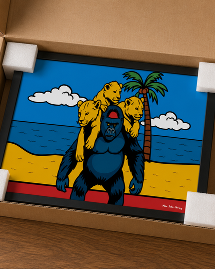 Gorilla & Lion Cubs Tropical Wall Art – Wildlife Beach Poster