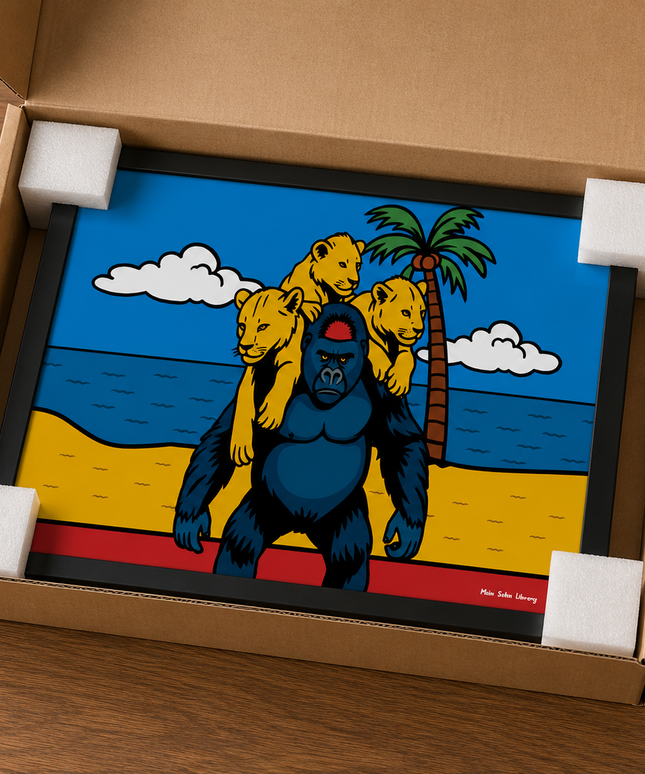 Gorilla & Lion Cubs Tropical Wall Art – Wildlife Beach Poster