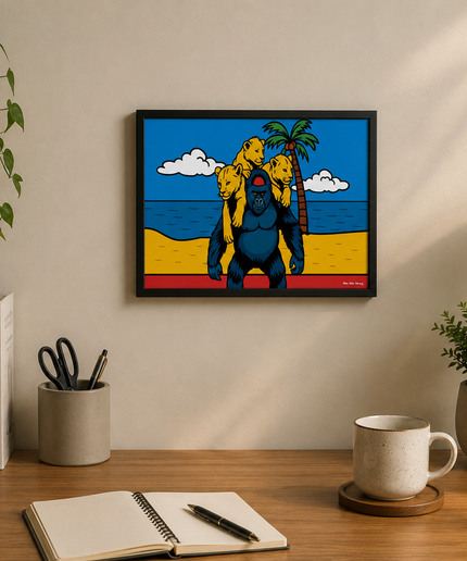 Gorilla & Lion Cubs Tropical Wall Art – Wildlife Beach Poster