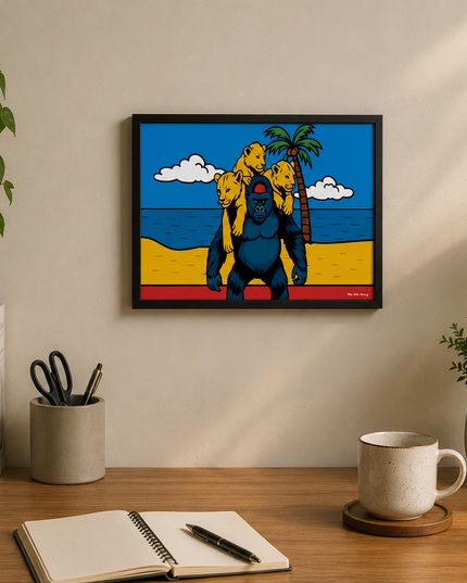 Gorilla & Lion Cubs Tropical Wall Art – Wildlife Beach Poster