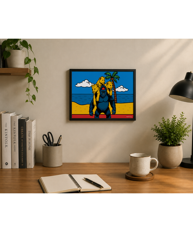 Gorilla & Lion Cubs Tropical Wall Art – Wildlife Beach Poster