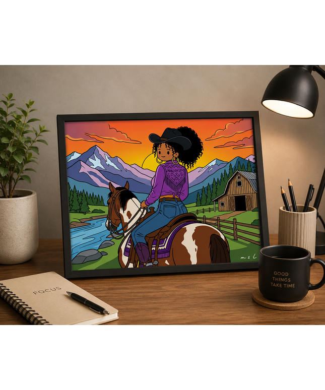 Cowgirl Sunset Wall Art – Western Horse Riding Poster