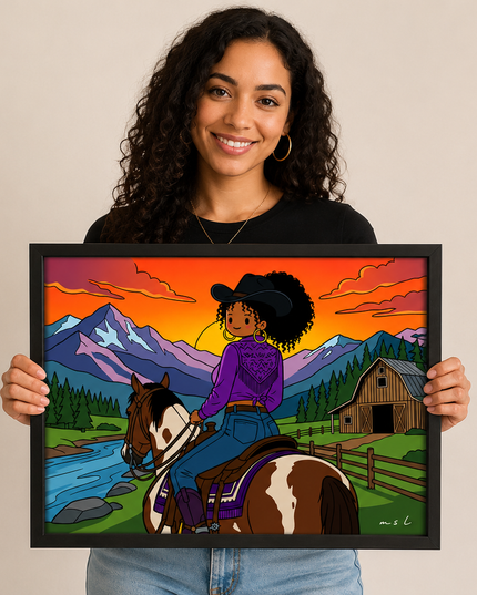 Cowgirl Sunset Wall Art – Western Horse Riding Poster