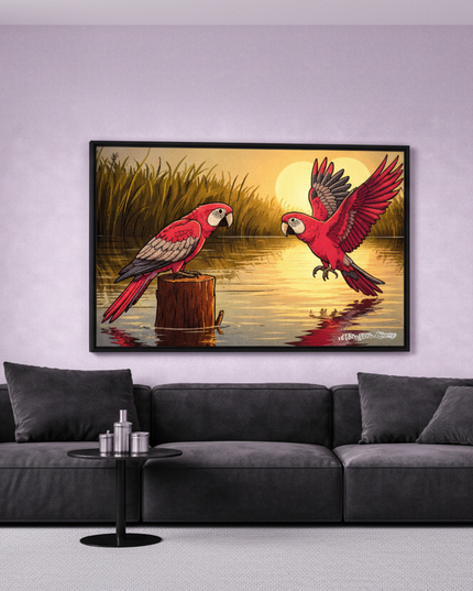 Framed artwork of two red parrots by a lake on a wall above a sofa.