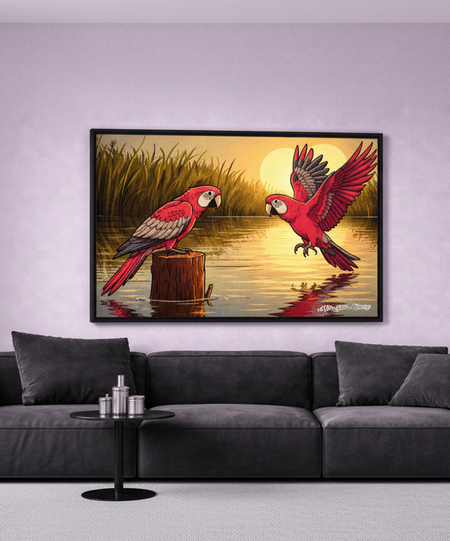 Framed artwork of two red parrots by a lake on a wall above a sofa.